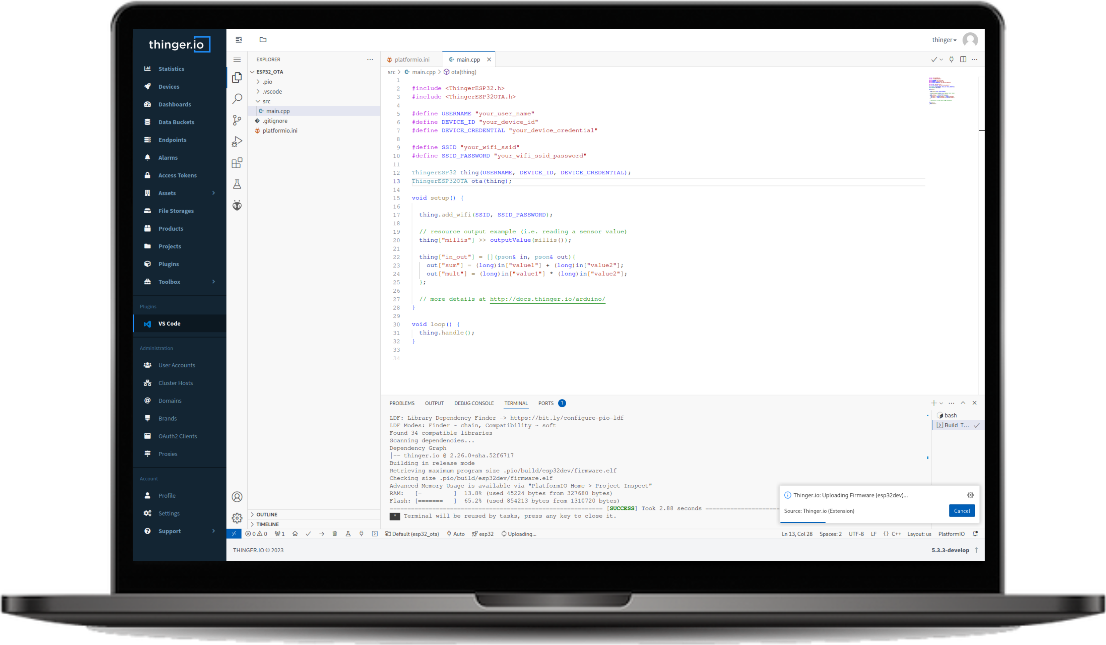 Thinger.io web console with VS Code plugin and OTA upload