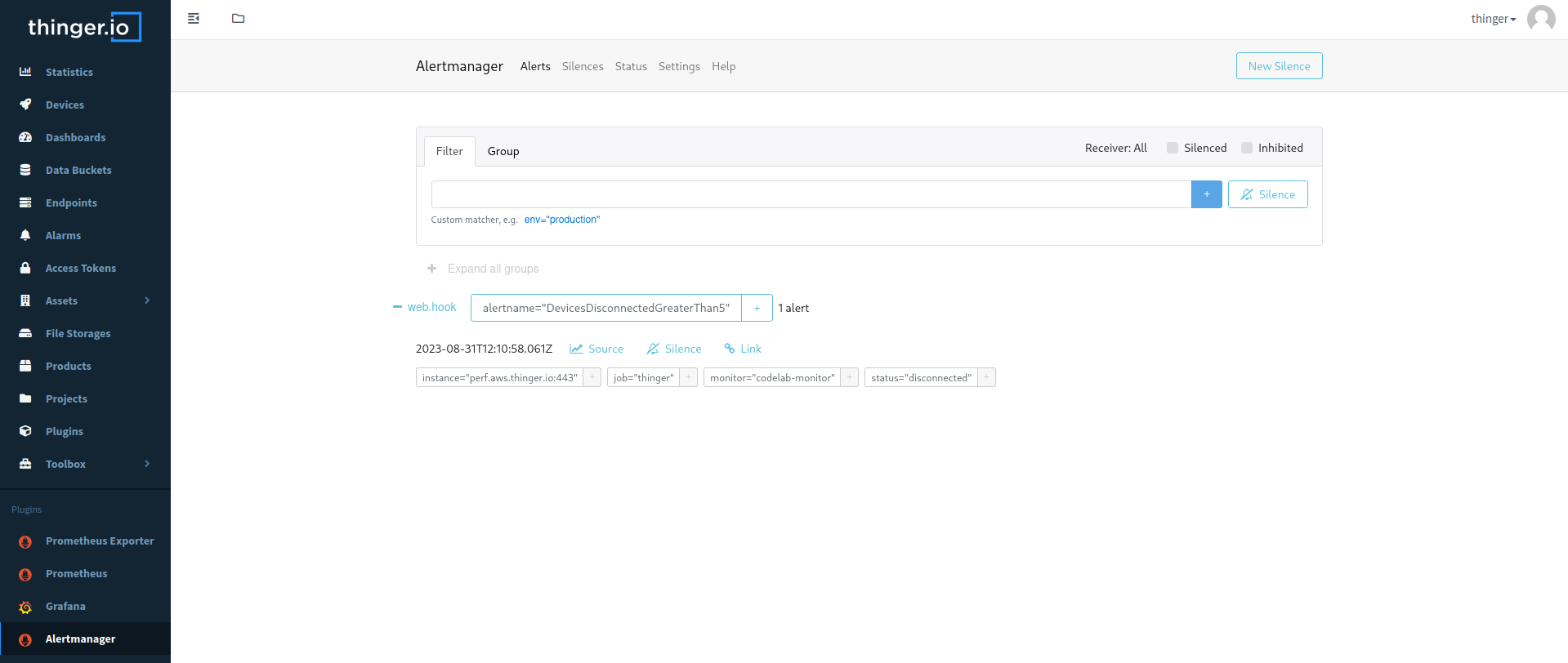 Alertmanager web UI integrated into Thinger.io Platform