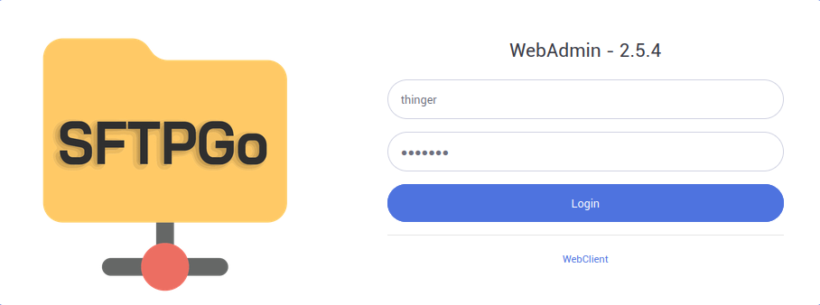 SFTPGo WebAdmin login with showcasing thinger credentials