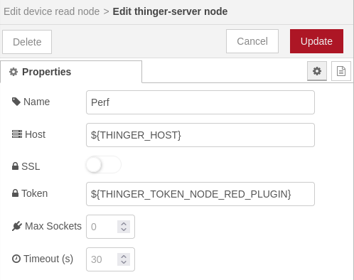 Thinger.io server node input configuration