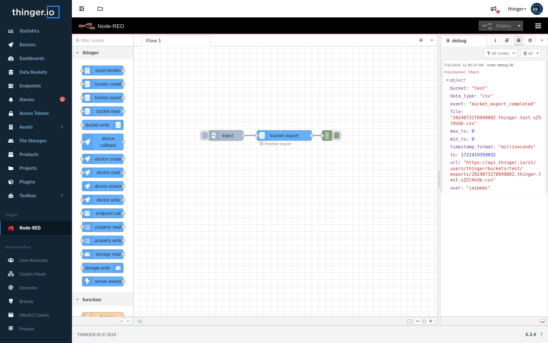 Node-RED bucket export example