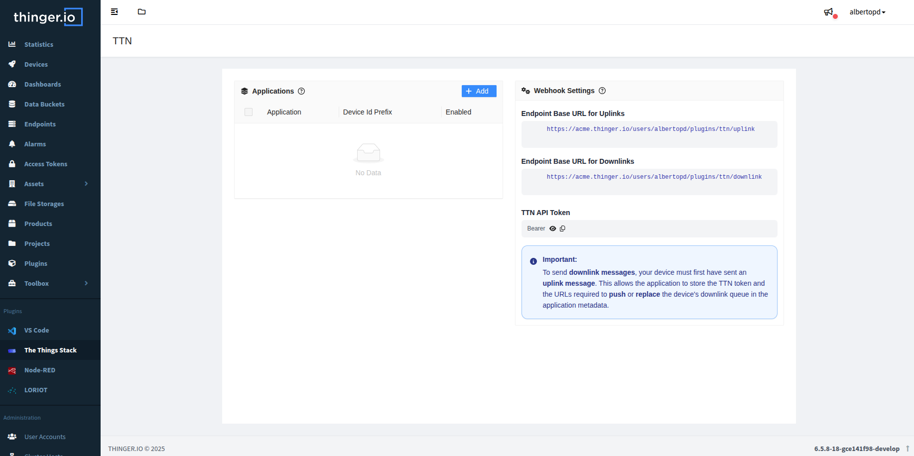TTN Plugin dashboard in Thinger.io