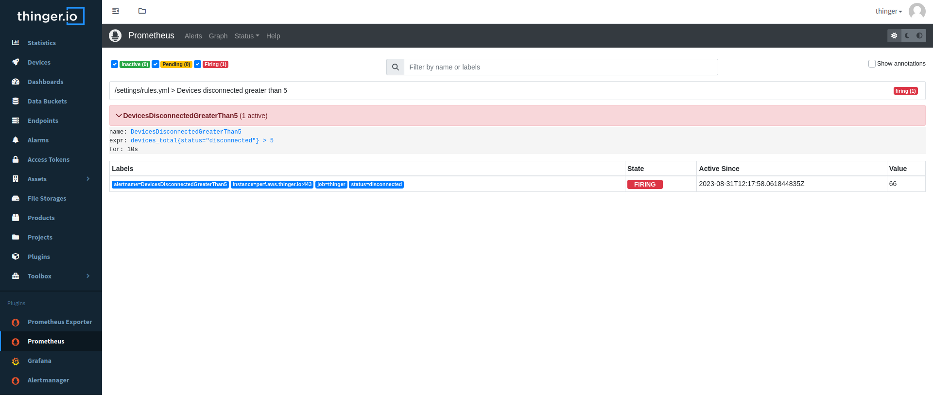 Prometheus alerts showcasing and alert over a metric devices disconnected greater than 5