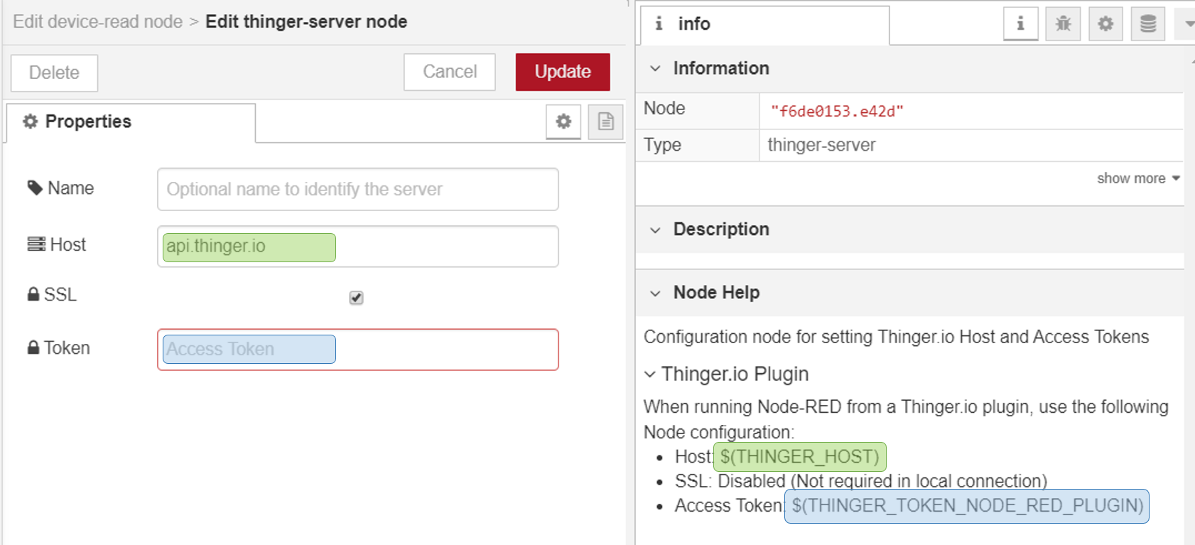 Node-RED server node configuration form
