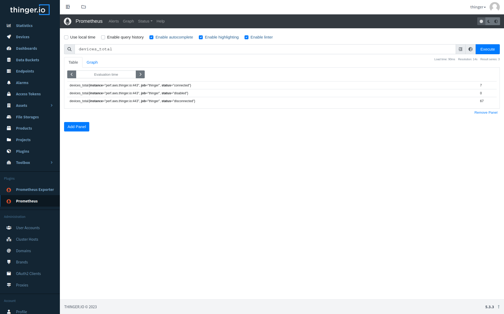 Prometheus integration showing a query over devices_total in Thinger.io