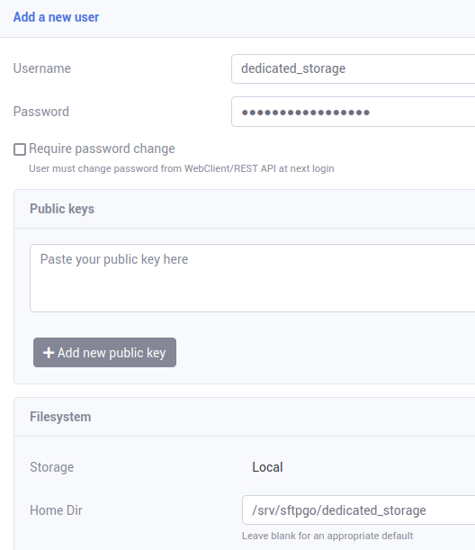 SFTPGo Add user with dedicated storage