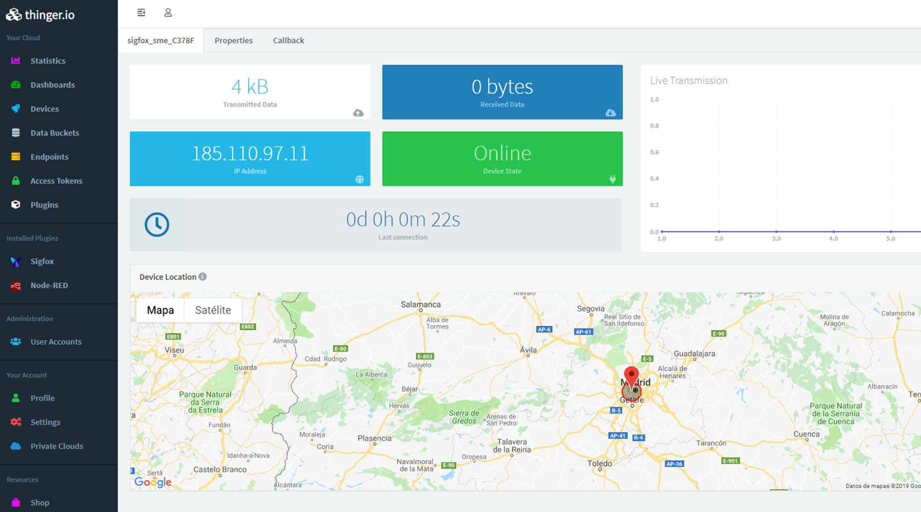 Checking Sigfox device status and location with Thinger.io